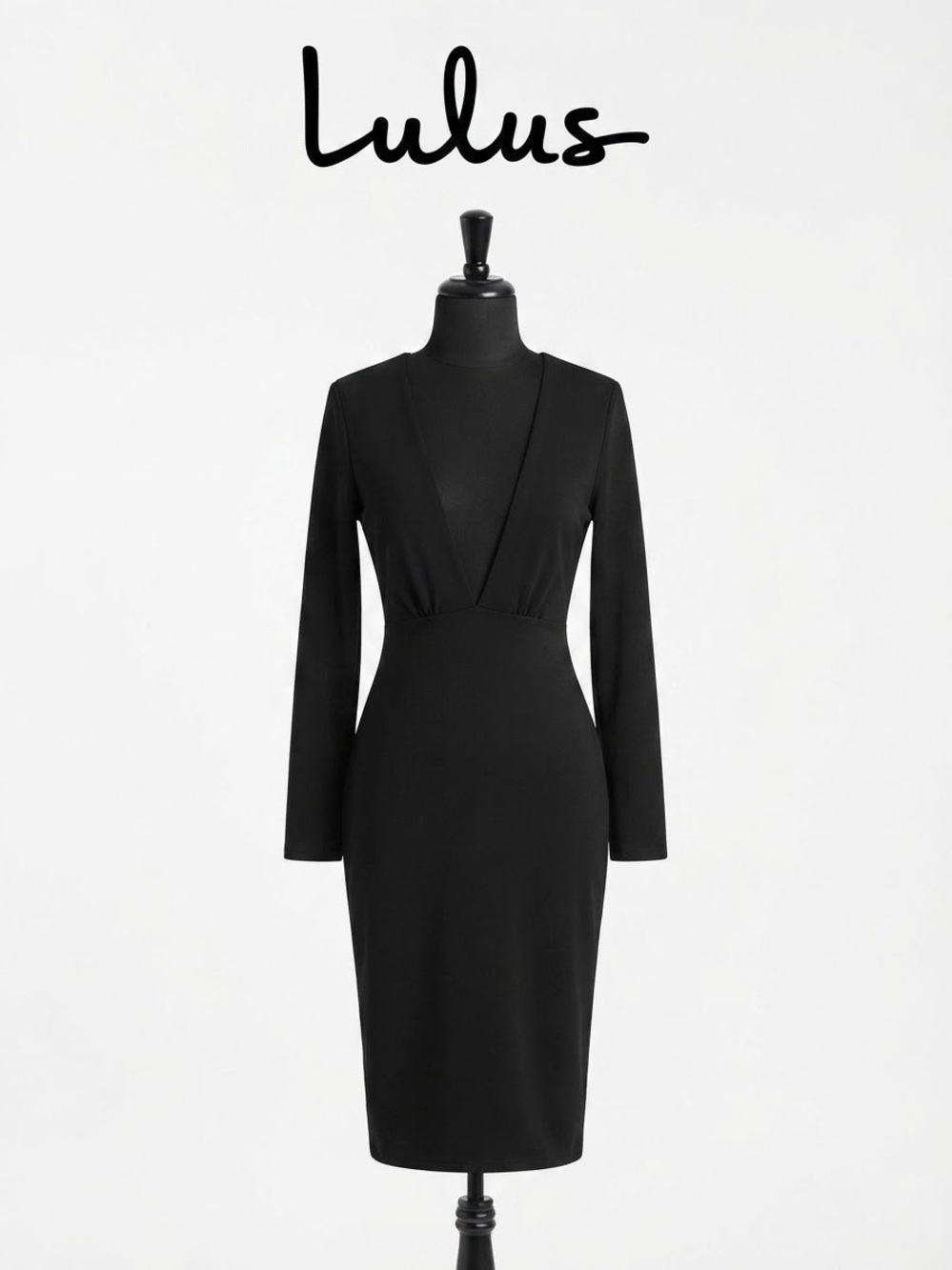 Lulu's Black Long-Sleeve V-Neck Midi Dress Size M 0204